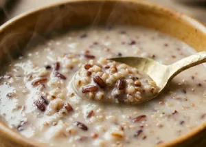 Warm rice congee with red rice and millets
