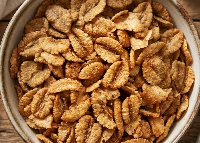 Crunchy Farmerette wheat flakes in a breakfast bowl