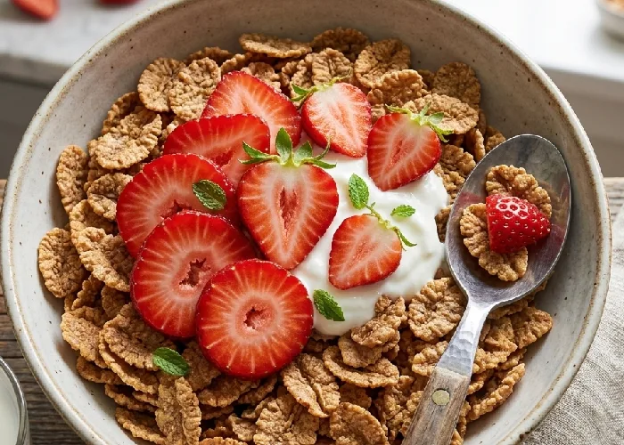 Whole wheat flakes topped with fresh strawberries