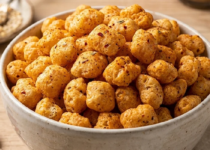 Crunchy roasted jowar pops in a ceramic bowl