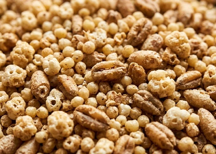 Close-up of crispy puffed millet and wheat grains.