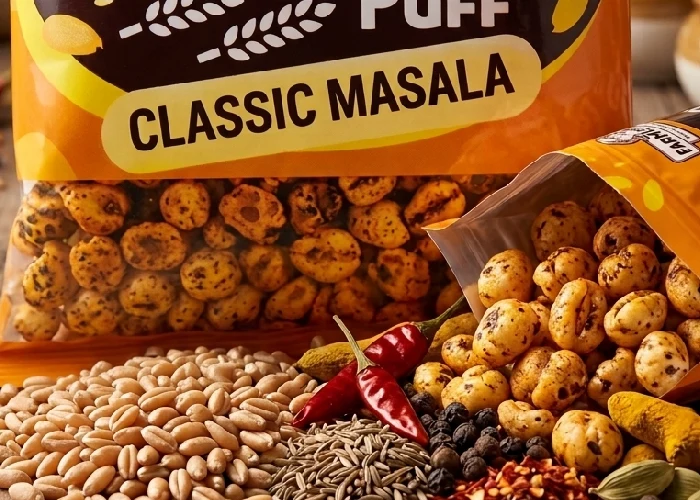 Whole wheat grains and authentic Indian spices used in healthy wheat snacks.