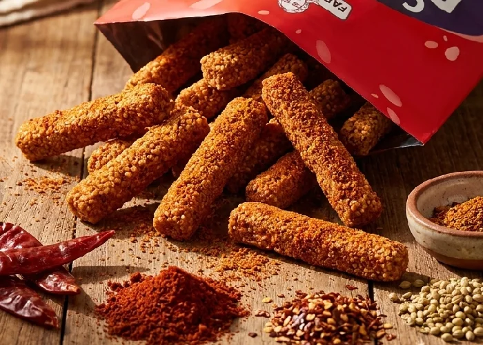 Crunchy millet snacks seasoned with spicy mirch masala.