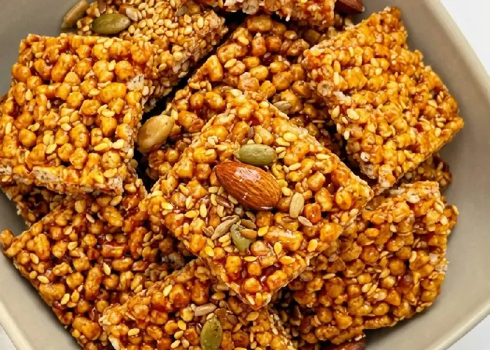 Golden sesame seeds mixed with crunchy snacks for nutrition.