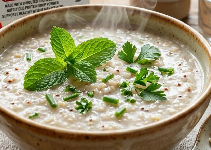 Nutritious protein soup powder made with sprouted ragi and jowar for healthy weight management.