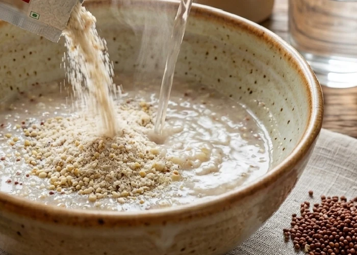 Steaming bowl of ready to eat soup served with fresh herbs as a quick healthy meal.
