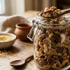 Jar of jaggery with nuts and millet snacks.