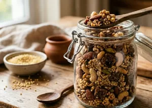 Jar of jaggery with nuts and millet snacks.