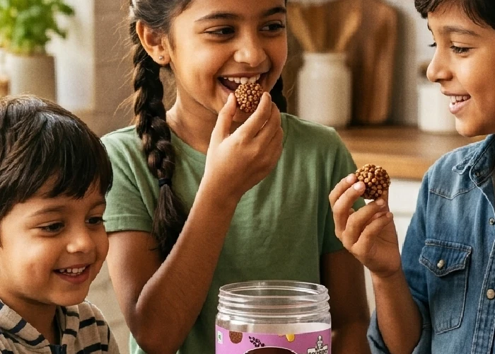 Kids enjoying a healthy snack of nutty balls.