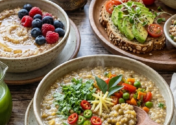 A healthy spread of morning meals featuring fiber-rich food congee and ancient grains.