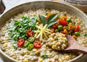 A steaming bowl of savory millet meal topped with fresh herbs and vegetables.
