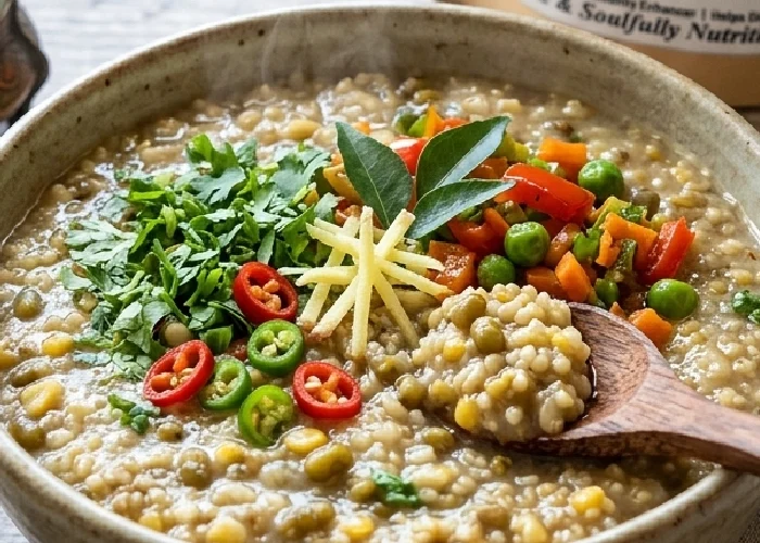A steaming bowl of savory millet meal topped with fresh herbs and vegetables.