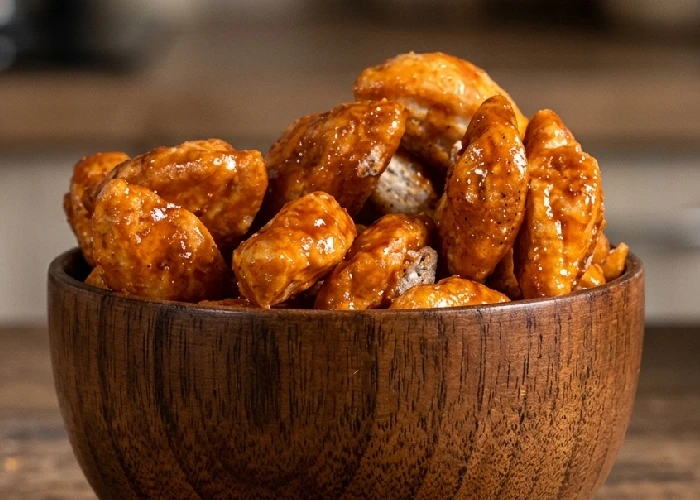 Roasted butterscotch flavour jowar snacks in a wooden bowl