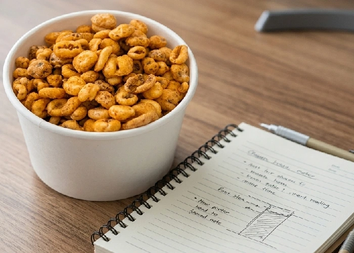 A bowl of puffed wheat on a desk next to a notebook.