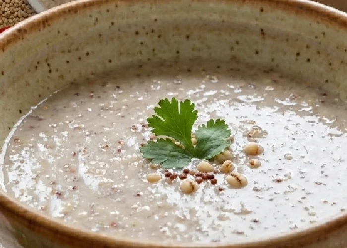 Preparing instant soup by adding hot water to a nutrient-dense millet soup blend.