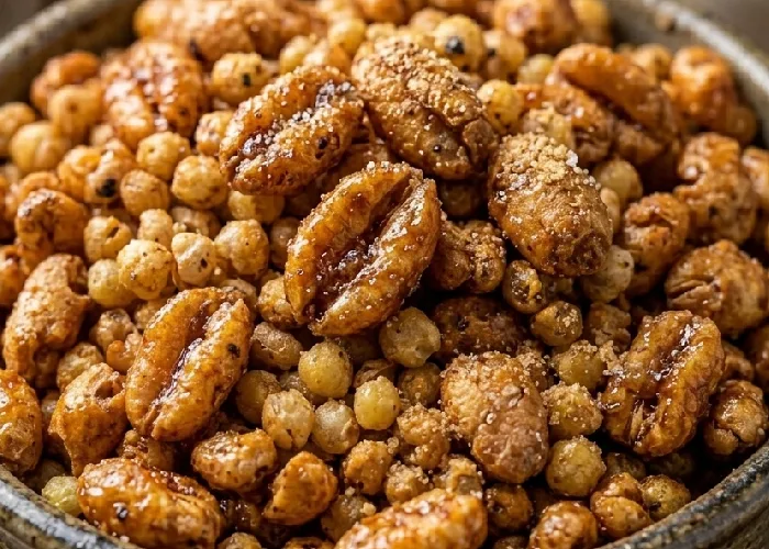 Puffed wheat snacks coated in natural jaggery.