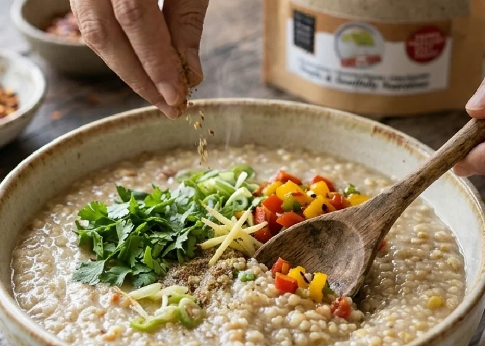 Preparing homemade millet congee as a healthy alternative to rice congee food.