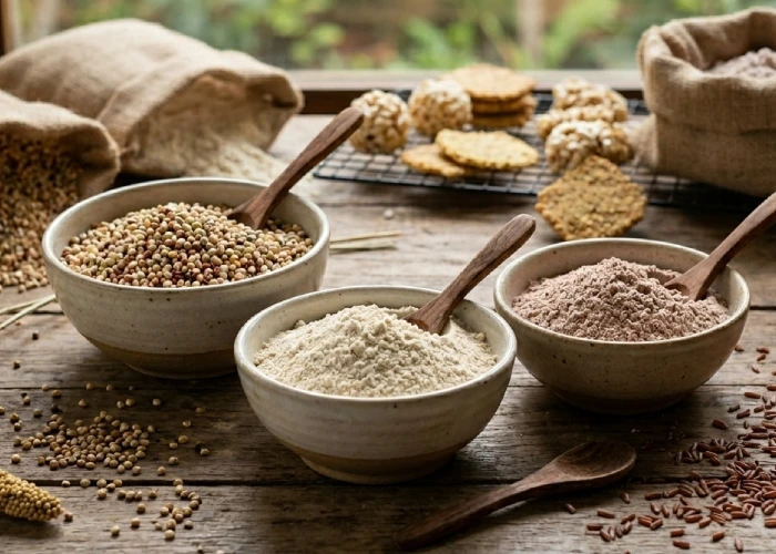 Bowls of natural millet, jowar flour, and red rice flour used as clean ingredients to make wholesome no chemical snacks.