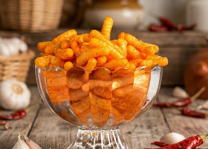Pack of Farmerette Chilly Garlic Sticks showing a puffed and baked, roasted crunchy snack with less oil and less salt.