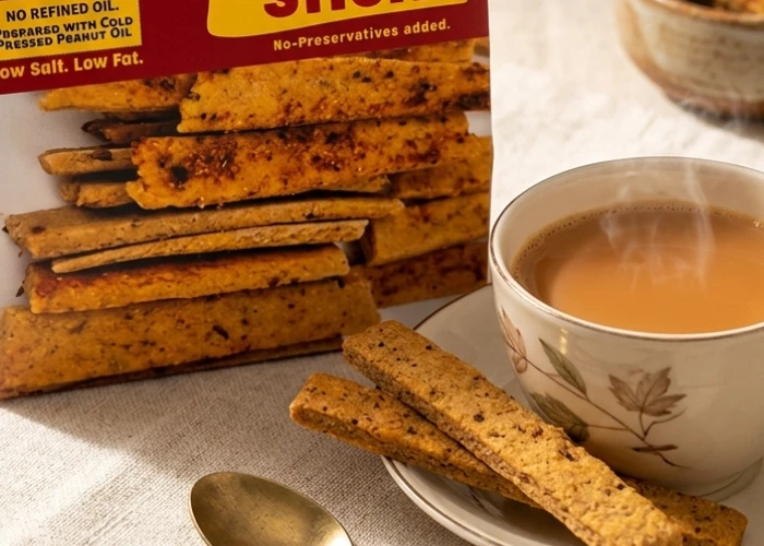 Packaged Farmerette baked whole wheat garlic masala sticks perfect as healthy tea snacks.