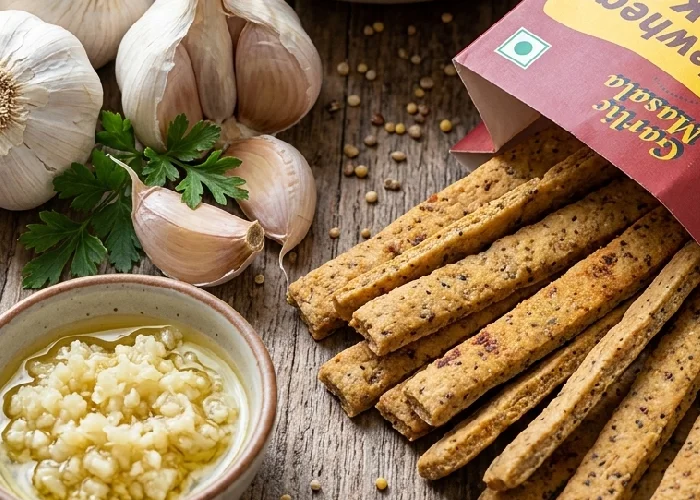 Fresh organic garlic cloves prepared alongside fiber rich grains for crunchy millet snacks and garlic sticks.