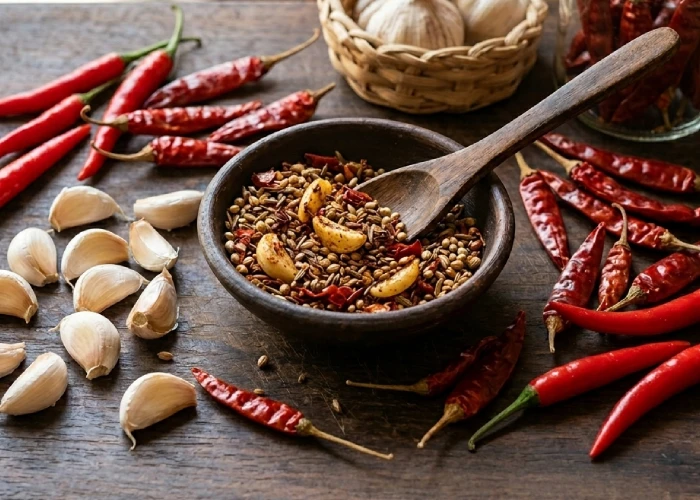 Fresh cloves of natural garlic and whole aromatic red chilies used to flavor our oil-free garlic masala crunchy snacks.