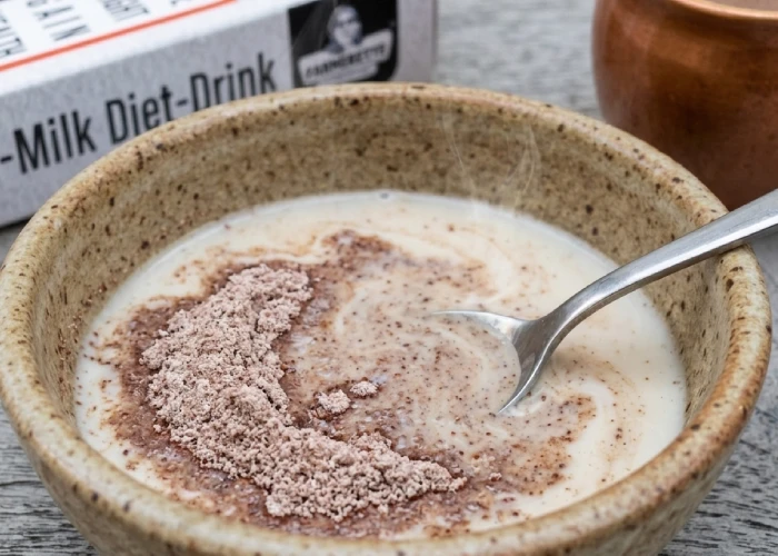 Mixing ragi milk powder into warm milk for a healthy diet.