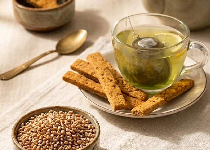 Raw organic whole wheat grains and milled flour used to bake nutritious tea snacks.