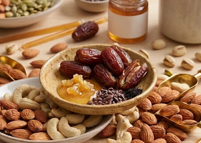 Healthy ingredients and raw sweet elements demonstrating a clean recipe with no white sugar for nutritious snacks.