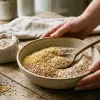 showcasing a clean blend of natural ingredients like raw millets, whole wheat flour, and golden flaxseed.