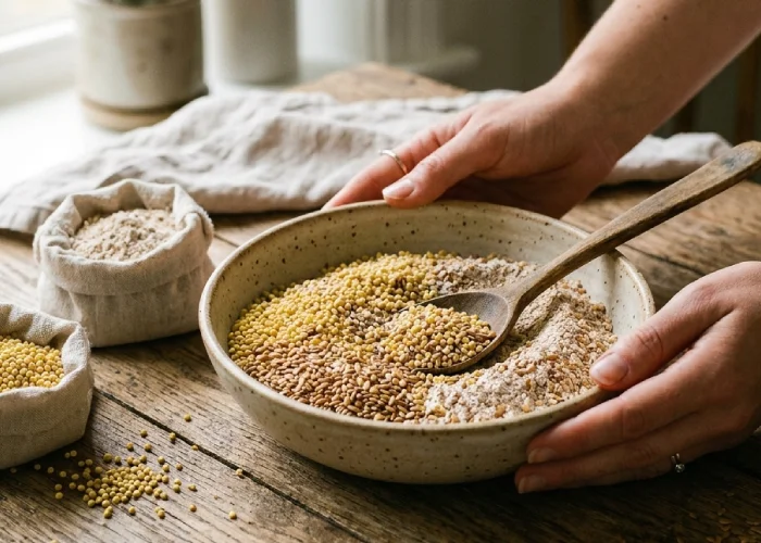 showcasing a clean blend of natural ingredients like raw millets, whole wheat flour, and golden flaxseed.