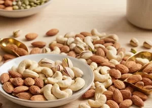 Fresh whole almonds and cashews showcasing the nutritional benefits of nuts used in a healthy snack bar.