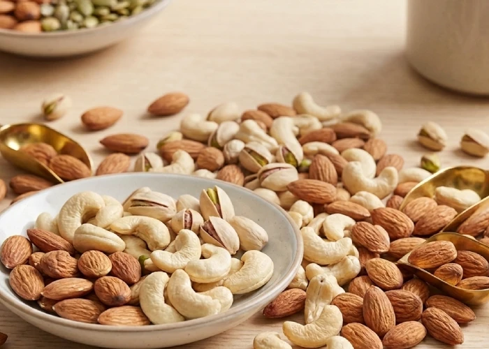 Fresh whole almonds and cashews showcasing the nutritional benefits of nuts used in a healthy snack bar.