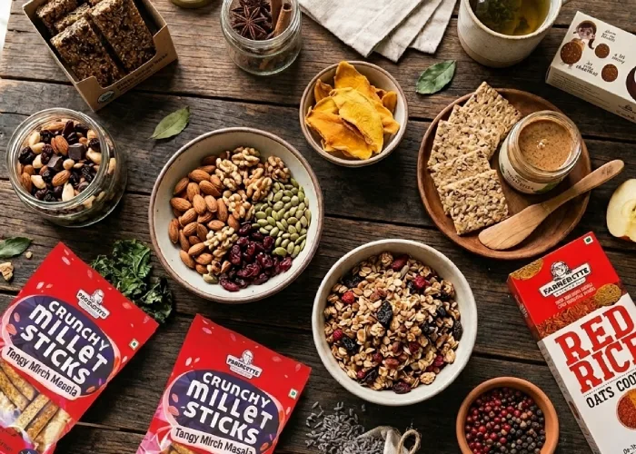 Collection of the best organic snacks without artificial preservatives placed on a wooden table.