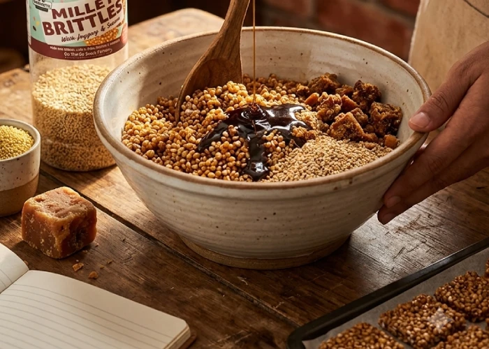 Farmerette Millet Brittles Jar, a crunchy millet snack for healthy snacking habits