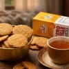 Crunchy sugar free biscuits placed on a wooden board next to evening tea