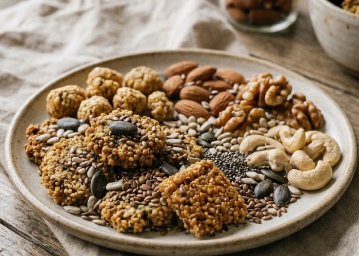 Healthy snacking habits - fibre-rich millet snacks and nuts arranged on a plate