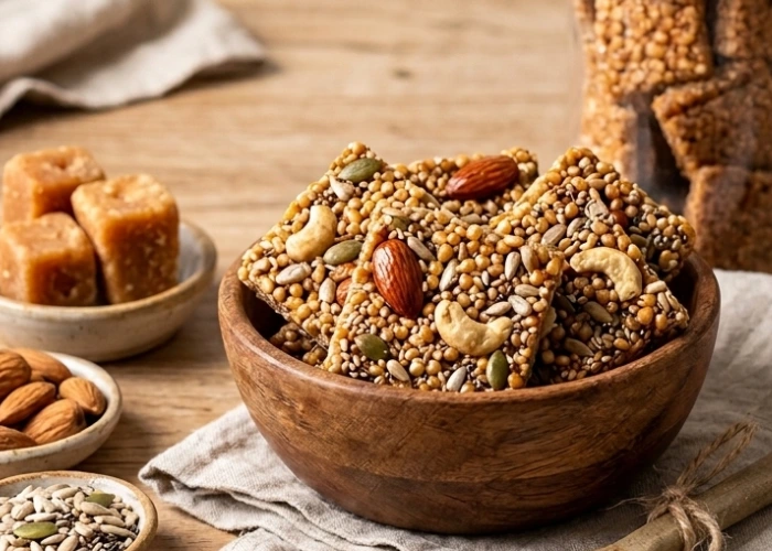Wholesome snacks made with millets, jaggery, nuts and seeds for healthy snacking habits