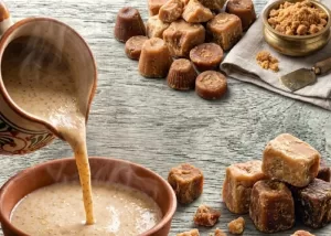 Warm poured sprouted pearl millet drink served with natural jaggery
