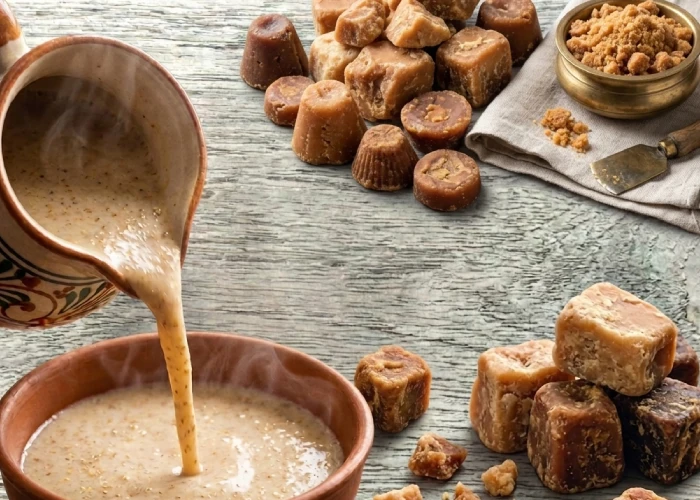 Warm poured sprouted pearl millet drink served with natural jaggery