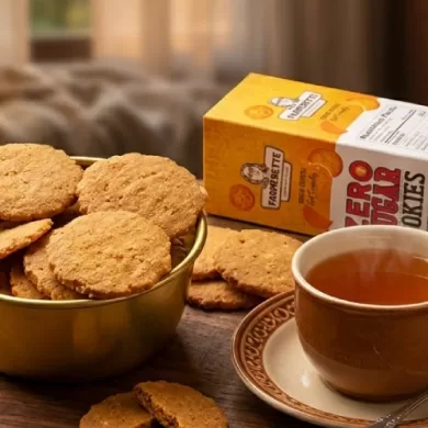 Crunchy sugar free biscuits placed on a wooden board next to evening tea