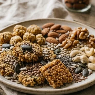 Healthy snacking habits - fibre-rich millet snacks and nuts arranged on a plate