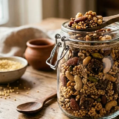 Jar of jaggery with nuts and millet snacks.