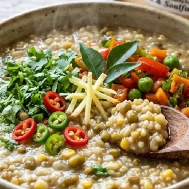 A steaming bowl of savory millet meal topped with fresh herbs and vegetables.