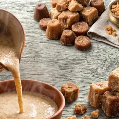 Warm poured sprouted pearl millet drink served with natural jaggery
